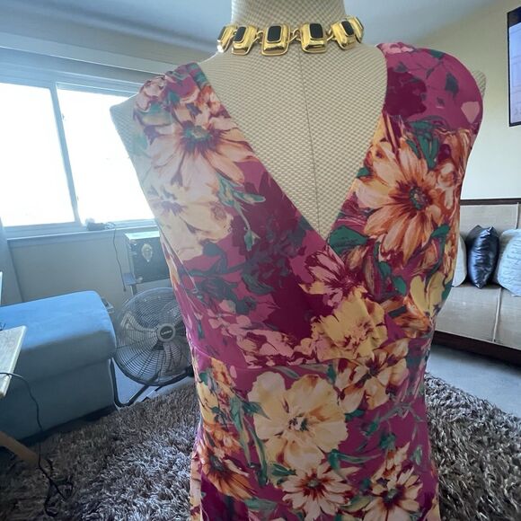 Covington Womans Babydoll Maxi Dress Pink Multi Floral Sleeveless Sheer Fairy 14 - Picture 4 of 16